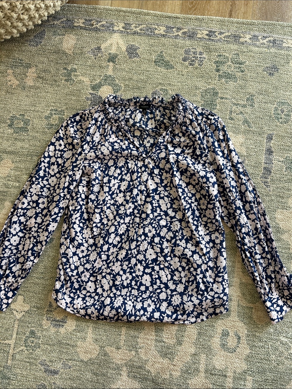 Talbots Navy and White Floral V-Neck Long Sleeve Blouse